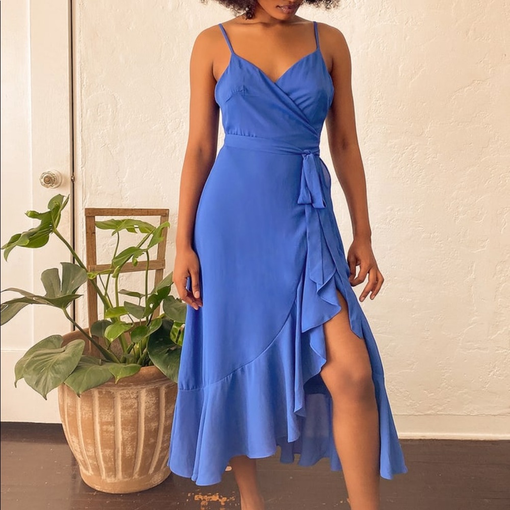 Lulus Manhattan Moment Blue Wrap Ruffled Midi Dress